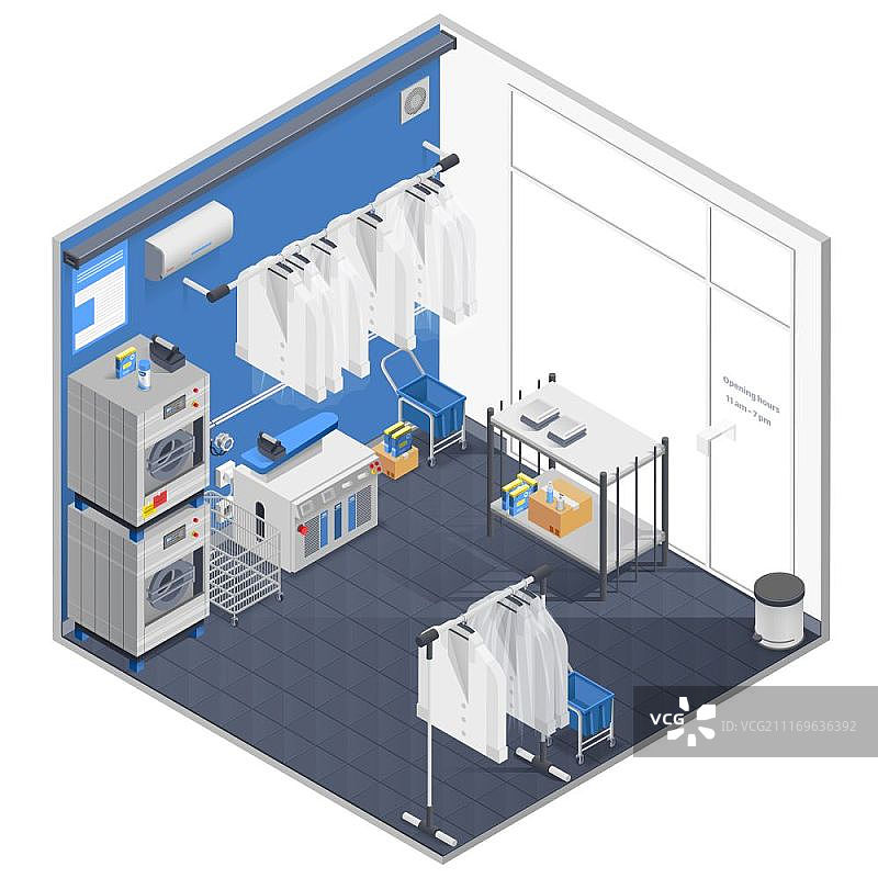 洗衣和干洗2.5D概念。包含洗衣机和熨斗的洗衣和干洗2.5D概念矢量图图片素材