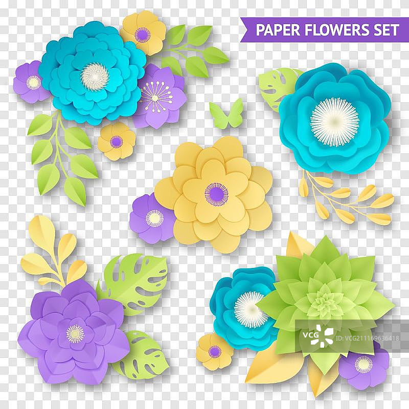 纸花组合透明套装：黄色绿色水蓝紫色纸花装饰组合工艺矢量图图片素材