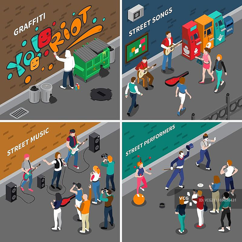 街头艺术家2.5D作品：包含音乐家、歌手、涂鸦画家、哑剧演员和观众的街头艺术家2.5D作品图片素材