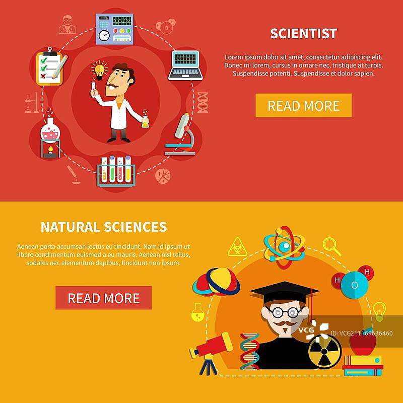 自然科学banner：包含教授、研究员以及化学、物理符号的横版自然科学banner矢量图图片素材