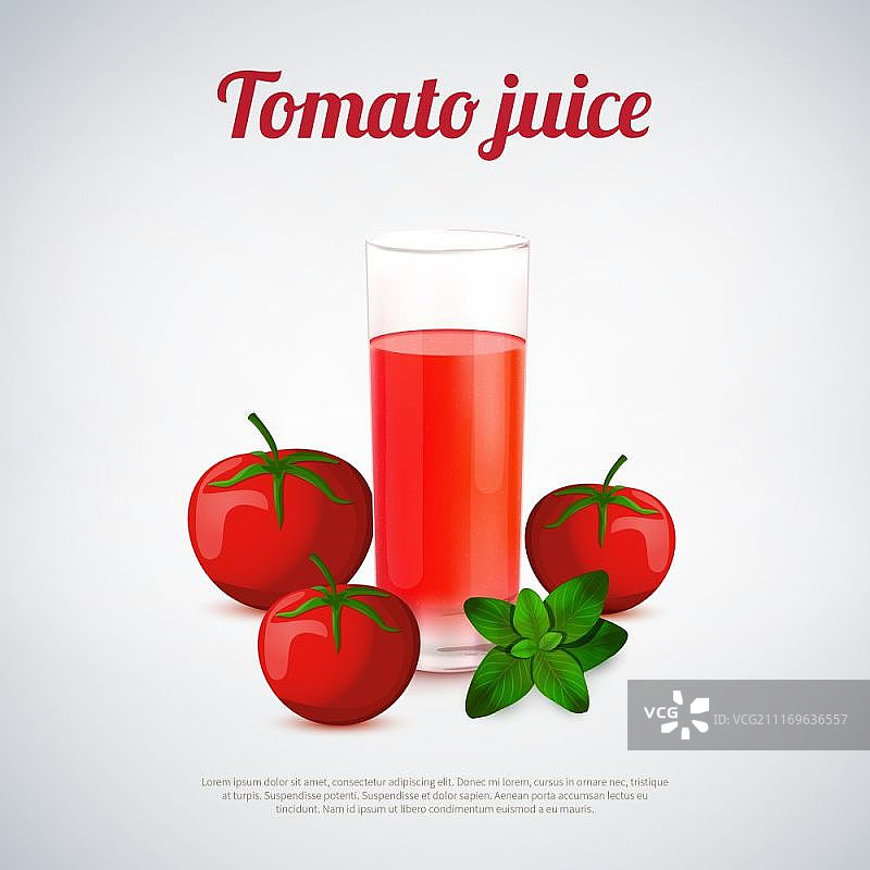 番茄汁插画：玻璃杯中的番茄汁与新鲜蔬菜和绿色罗勒图片素材
