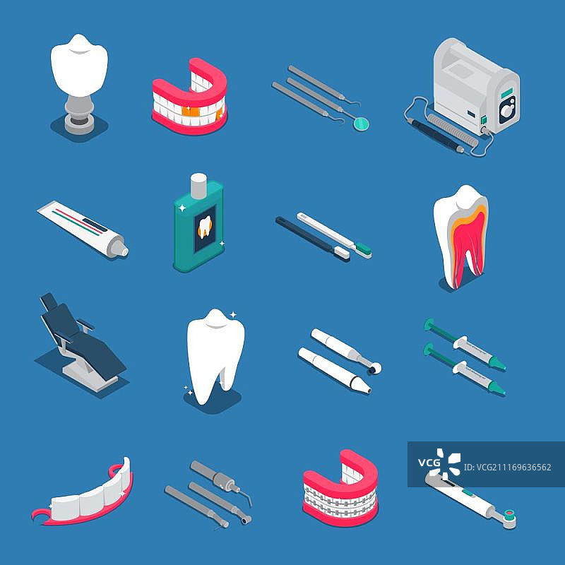 牙科等距彩色图标，牙科护理工具矢量图图片素材