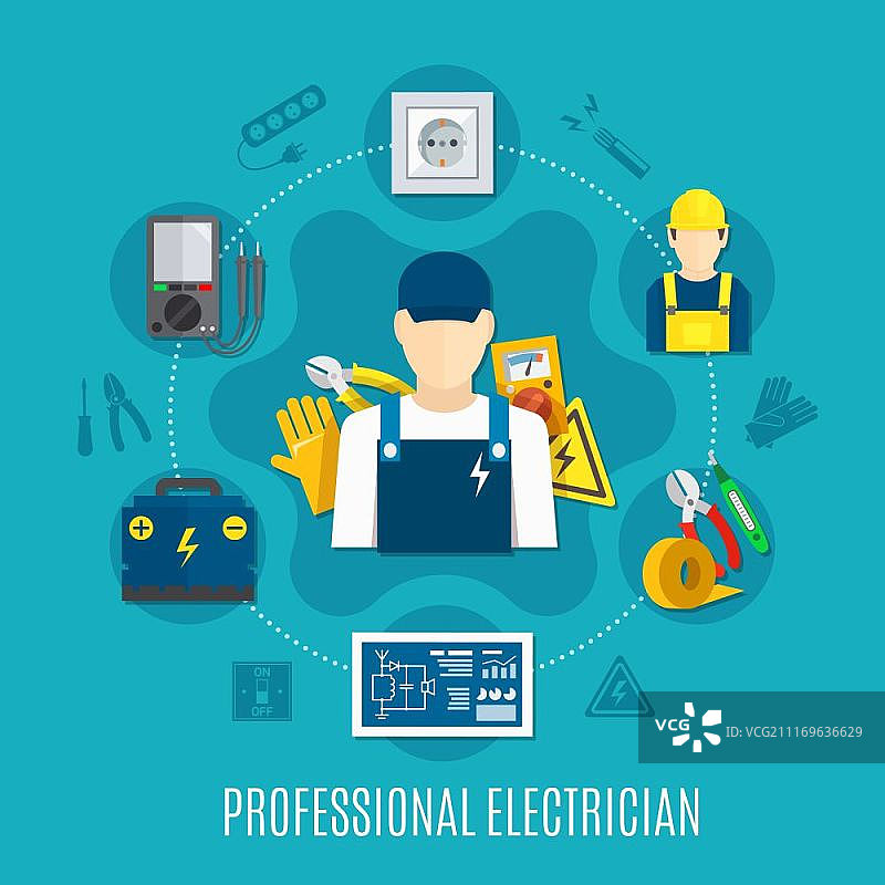 电工圆形构图：带电压表和工作工具、插座、蓝色背景上的电路矢量图图片素材