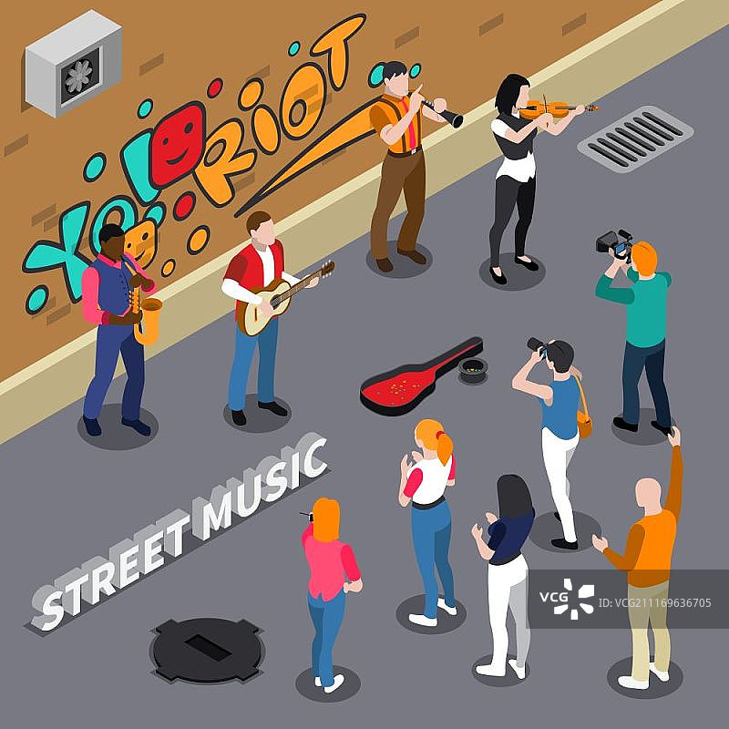 街头音乐家2.5D插画：在涂鸦墙背景下演奏乐器的街头音乐家图片素材