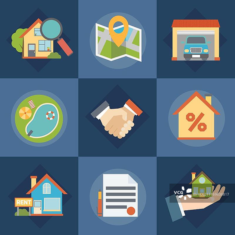 房地产经纪人图标集。房地产和房地产经纪人图标集，包含合同符号，扁平孤立的矢量图图片素材