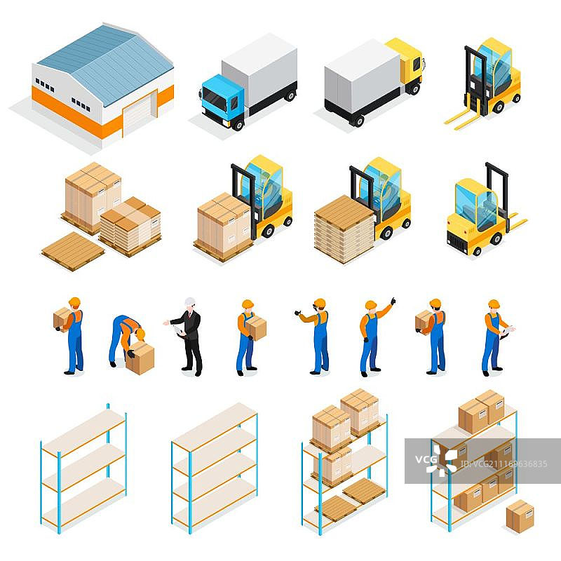 仓库等距视图：经理、工人、货物、卡车、叉车、托盘和货架图片素材