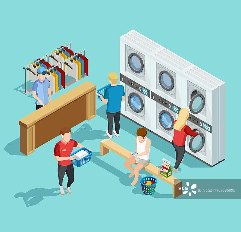 自助洗衣店等距海报：顾客在自助投币公共洗衣店内部洗涤和烘干衣服的等距海报矢量图图片素材