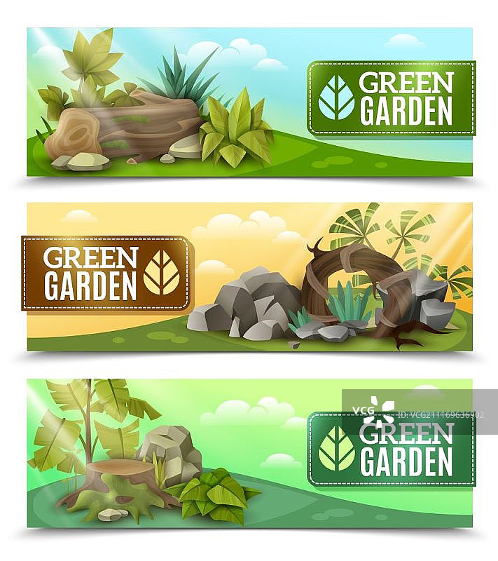 花园景观设计横幅，含热带植物的现代景观元素图片素材