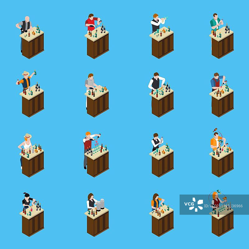 2.5D酒保等距图标。站在架子旁倒酒的男女酒保等距图标，蓝色背景矢量图图片素材