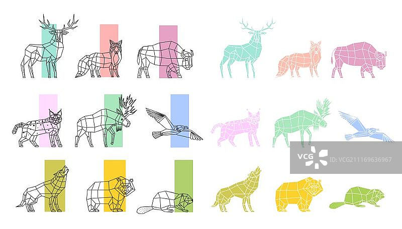 动物多边形线性组合：野生动物和鸟类轮廓多边形线性艺术组合，与白色背景隔离矢量图图片素材