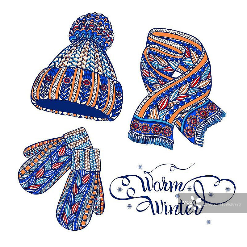 彩色涂鸦风格的保暖帽子手套围巾冬季针织配饰图片素材