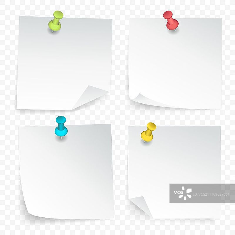 置顶纸张套件。一套白色干净的纸张，卷曲的角落用彩色图钉固定在透明背景上，隔离矢量图图片素材