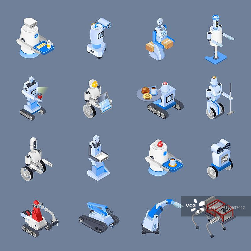 机器人职业图标集：工业和服务部门的未来机器人工作者等距图标图片素材