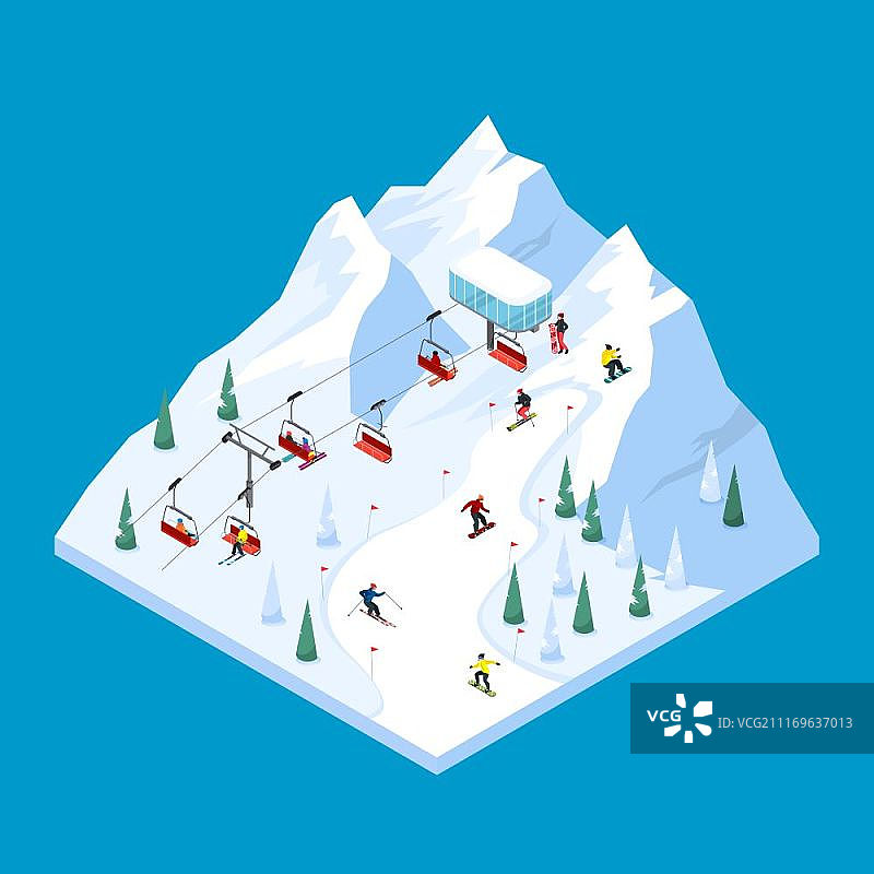 2.5D滑雪缆车等距景观：带旗帜和滑雪者的雪山滑雪道矢量图图片素材