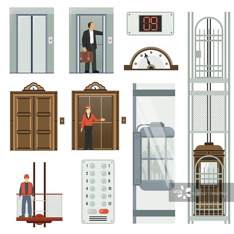 电梯图标集：建筑物内不同类型的彩色电梯图标矢量图图片素材