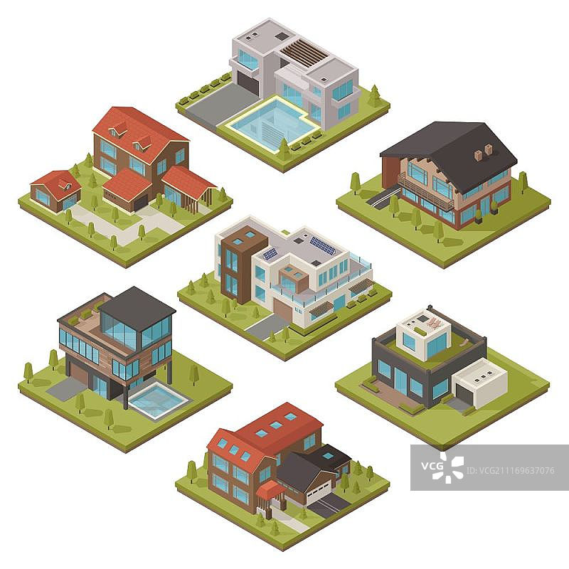 2.5D房屋图标集，包含不同类型的房屋矢量图图片素材