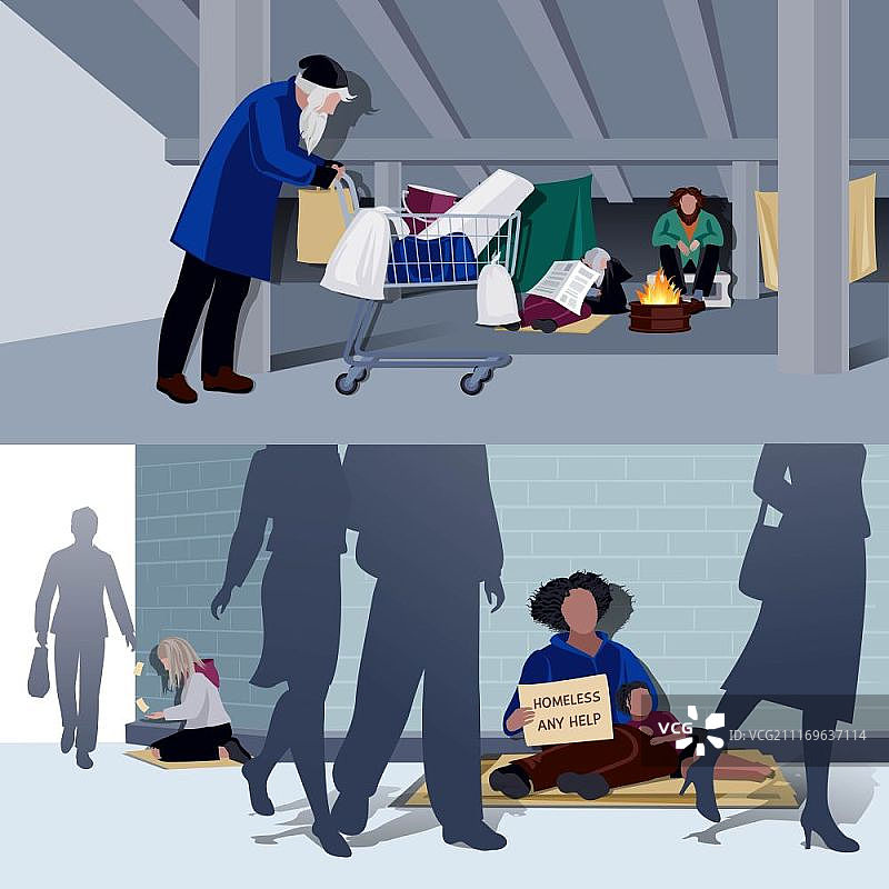 无家可归的人扁平化构图。饥饿乞讨施舍和失业者住在城市帐篷里的无家可归者扁平水平构图矢量图图片素材