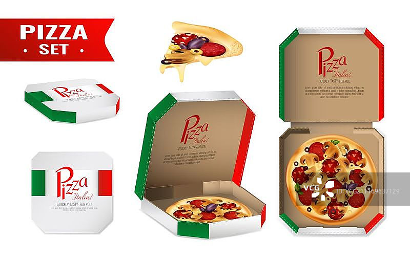 待售披萨真实场景：纸板箱意大利国旗配色矢量素材图片素材
