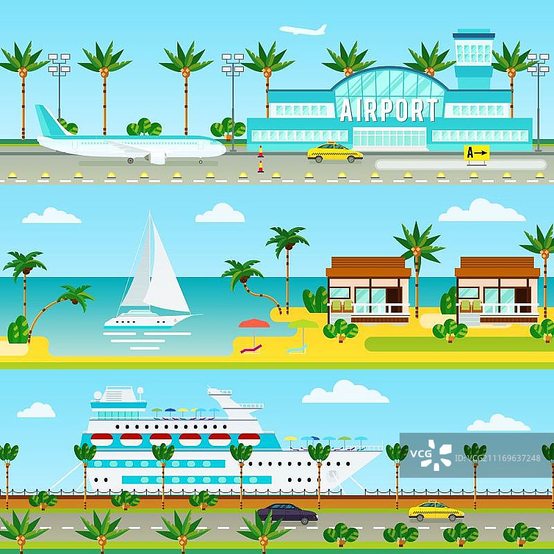 夏季邮轮度假banner：含热带棕榈树、机场、远洋轮船等元素的邮轮度假图片图片素材