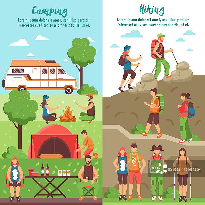 徒步旅行竖版banner：包含可编辑文本和户外人物的露营徒步竖版banner图片素材