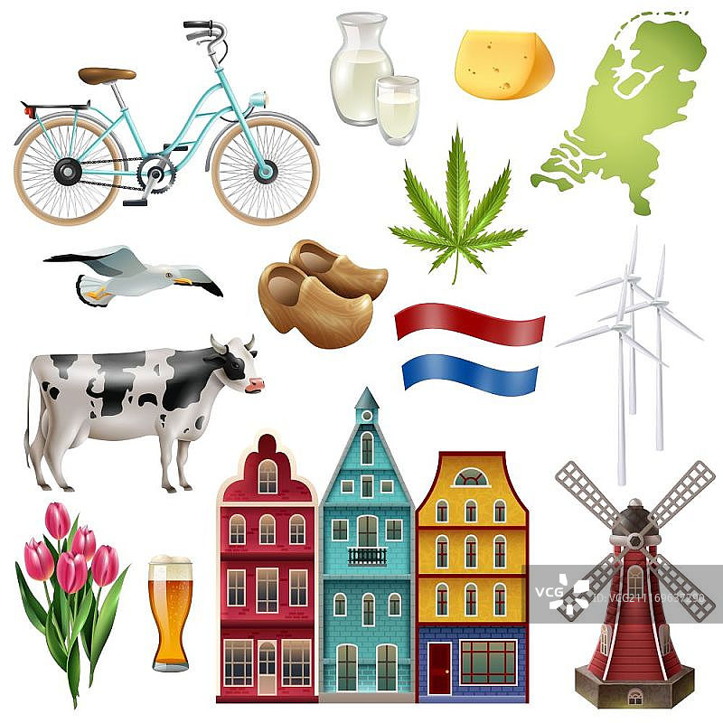荷兰旅游地标图标合集：最受欢迎的景点矢量图图片素材