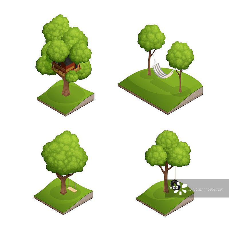 树秋千图标集：庭院秋千、轮胎和吊床矢量图图片素材