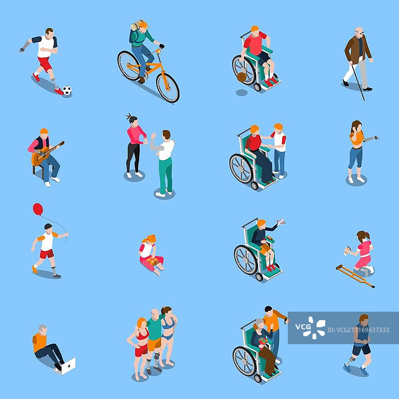 残疾人等距合集。包括参与不同活动的成人和儿童，如运动音乐等，隔离矢量图图片素材