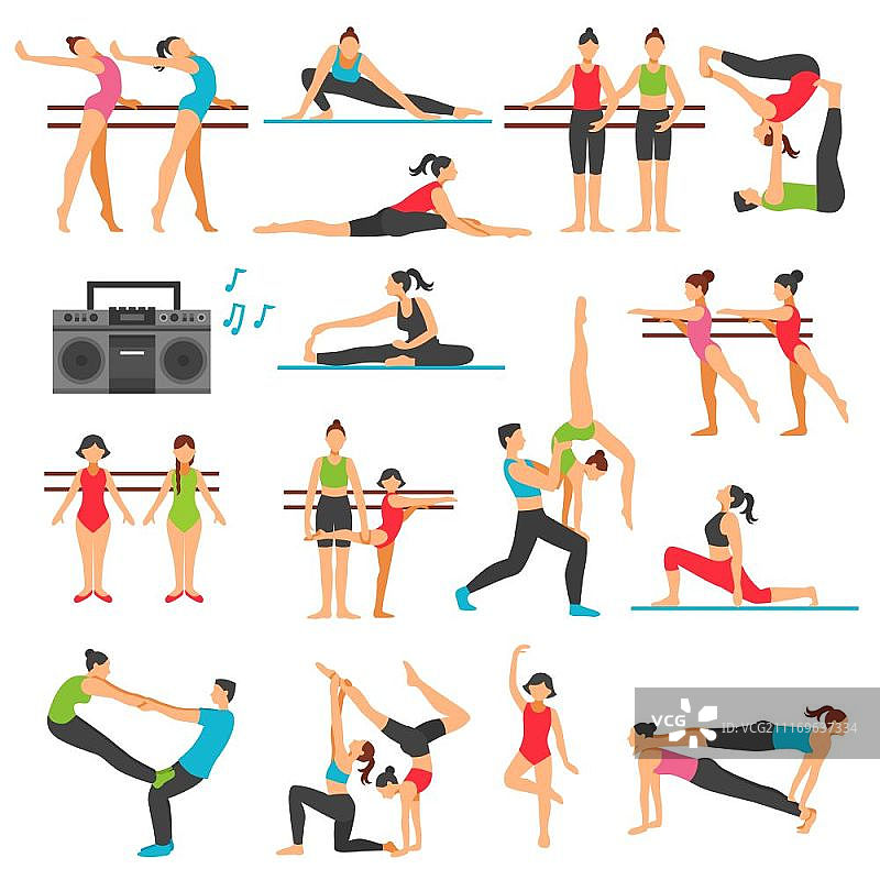 舞蹈训练装饰图标集：不同姿势的女孩进行伸展、杂技和音乐系统的矢量图图片素材