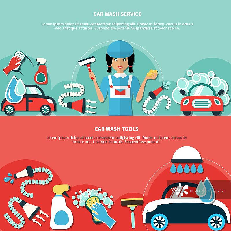 洗车工具横幅。带有洗车工人卡通形象、设备和清洁剂的两个水平横幅矢量图图片素材