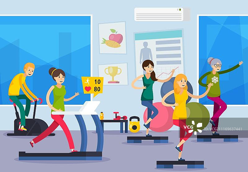 健身训练人群正交组合：彩色扁平健身训练人群正交组合，人们在健身房锻炼的矢量图图片素材