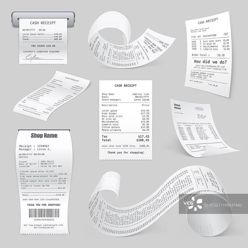 收银机打印收据真实集合。收银机销售收据打印在热轧纸上，逼真样品浅灰色背景矢量图图片素材