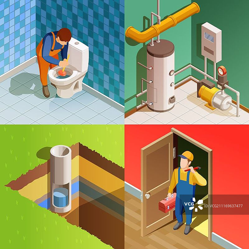 水管工2.5D等距风格方形图标。水管工维修疏通马桶概念图图片素材