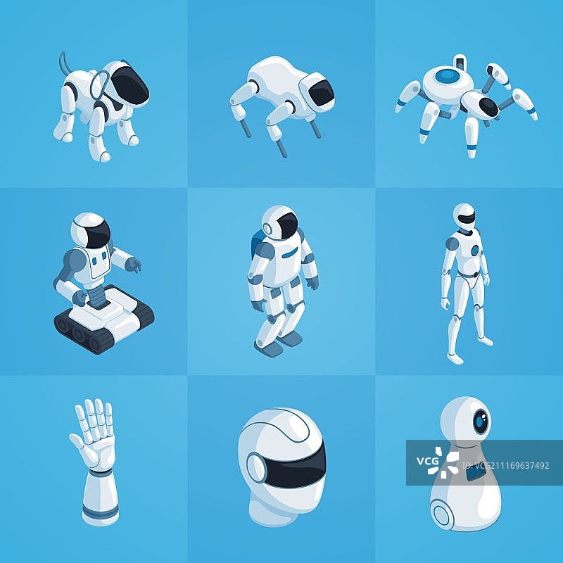 机器人2.5D图标集：包含安卓机器人、自动犬和蜘蛛等图片素材