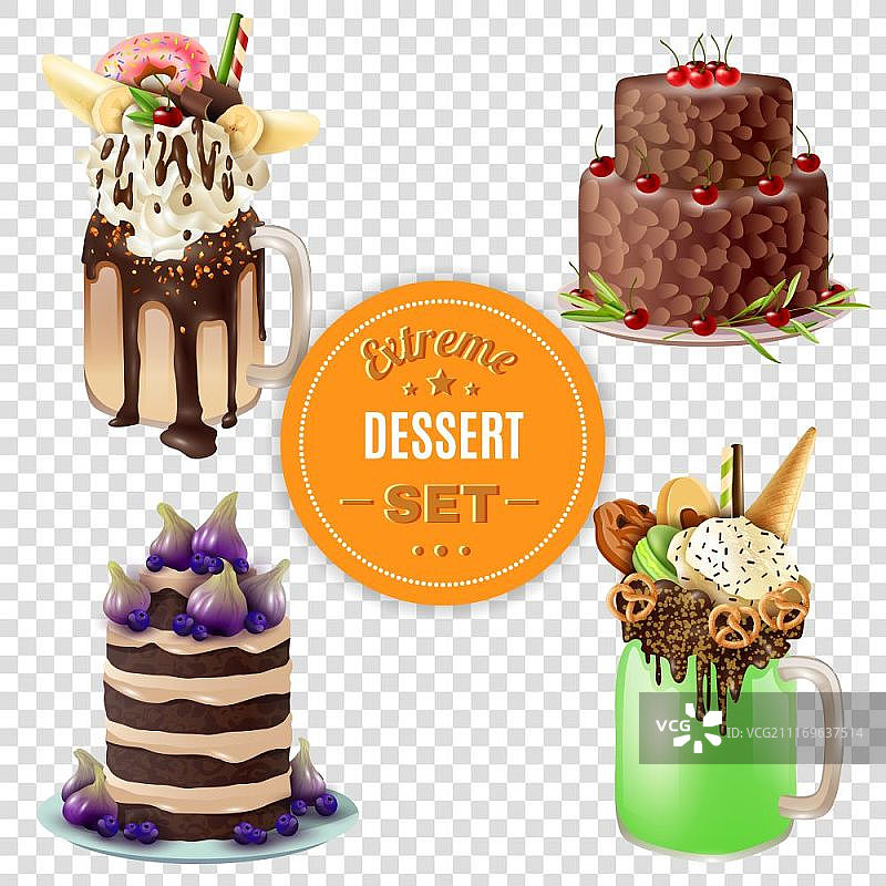 透明甜点组合套装矢量图。包含超级甜腻的节日甜点组合和奶昔图片素材