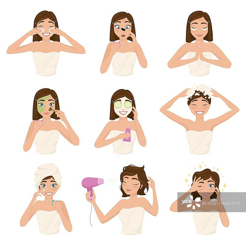 女人晨间日常图标集。彩色女人晨间日常图标集，包括女人洗头、洗脸、化妆矢量图图片素材