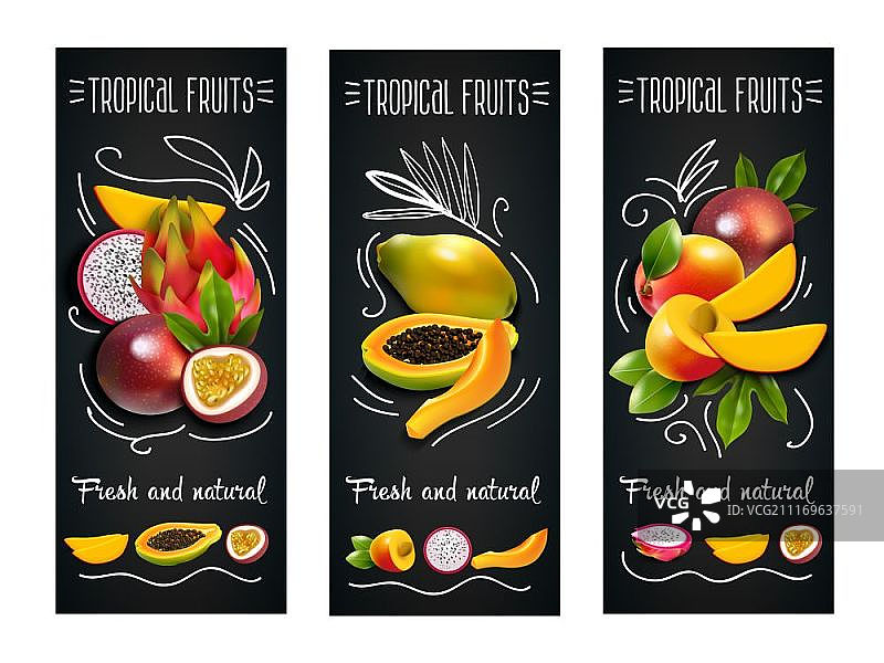 热带水果黑板标签套装。三款带有新鲜自然描述的热带水果垂直黑板标签套装矢量图图片素材