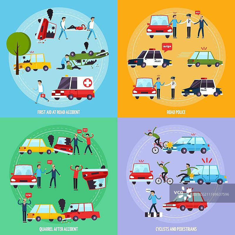 交通事故概念图标集。包含骑自行车者和行人的交通事故概念图标集，扁平隔离矢量图图片素材