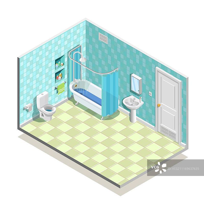 2.5D浴室场景：含卫生洁具的等距组合图片素材