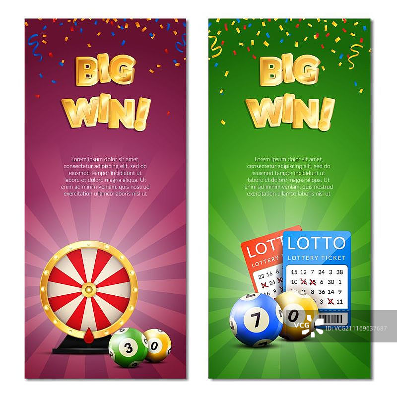 宾果彩票竖版banner：包含纸屑、彩票等游戏元素及可编辑文字的矢量插画图片素材