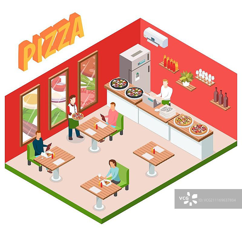 2.5D比萨店背景，餐厅顾客3D模型矢量素材图片素材