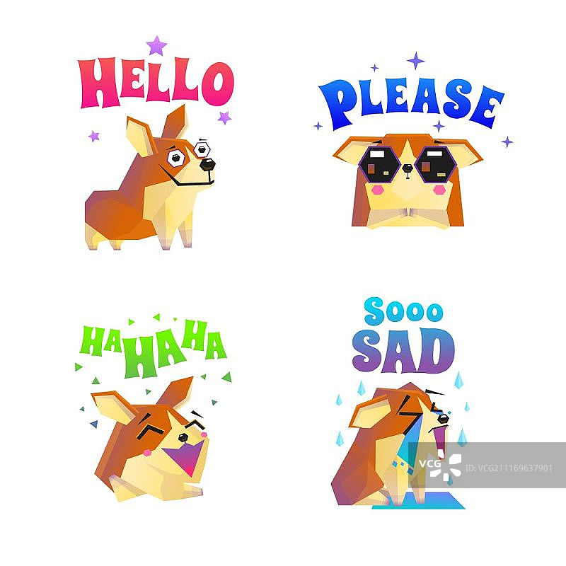 柯基犬贴纸表情符号套装。包含四个有趣的宠物犬平面图像与装饰文字说明的柯基犬组合矢量插图图片素材