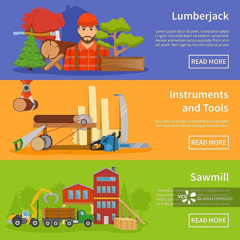 锯木厂木材扁平风格banner。三张包含专业加工设备文字和“阅读更多”按钮的水平锯木厂banner矢量素材图片素材