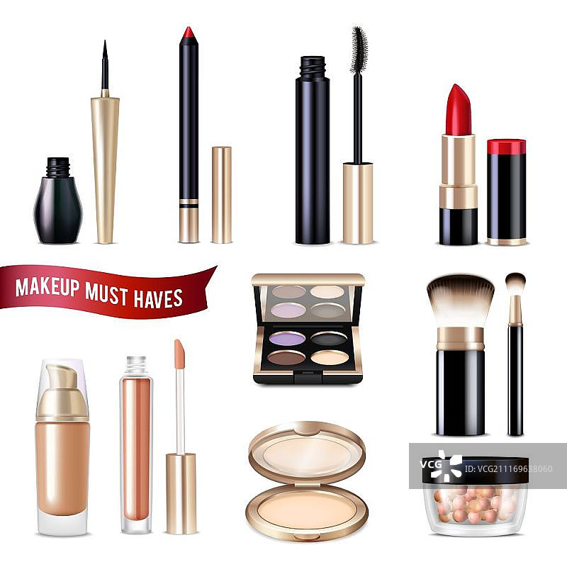 逼真彩妆用品套装，含粉底眼线唇彩等，矢量插画图片素材