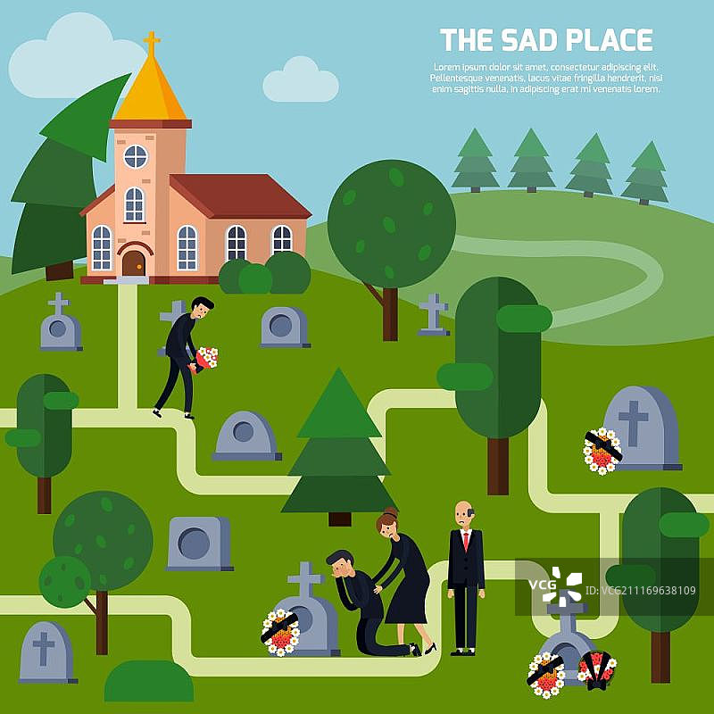 教堂墓碑纪念花圈墓地扁平风格插画图片素材