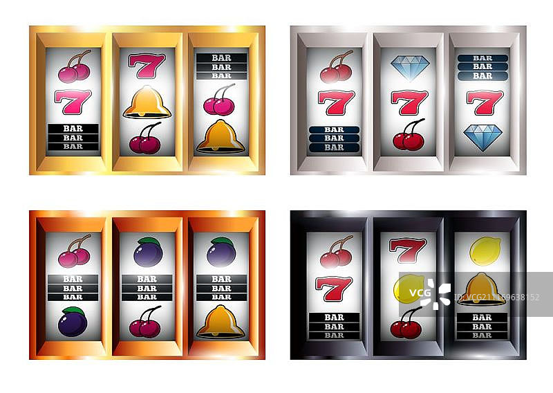老虎机组合图案：包含头奖、Bar、水果和铃铛等游戏线性元素矢量插图图片素材