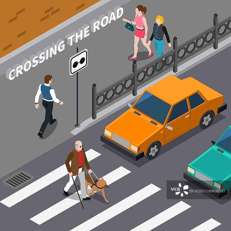2.5D盲人与导盲犬在人行横道上，车辆等待的场景等距插画图片素材