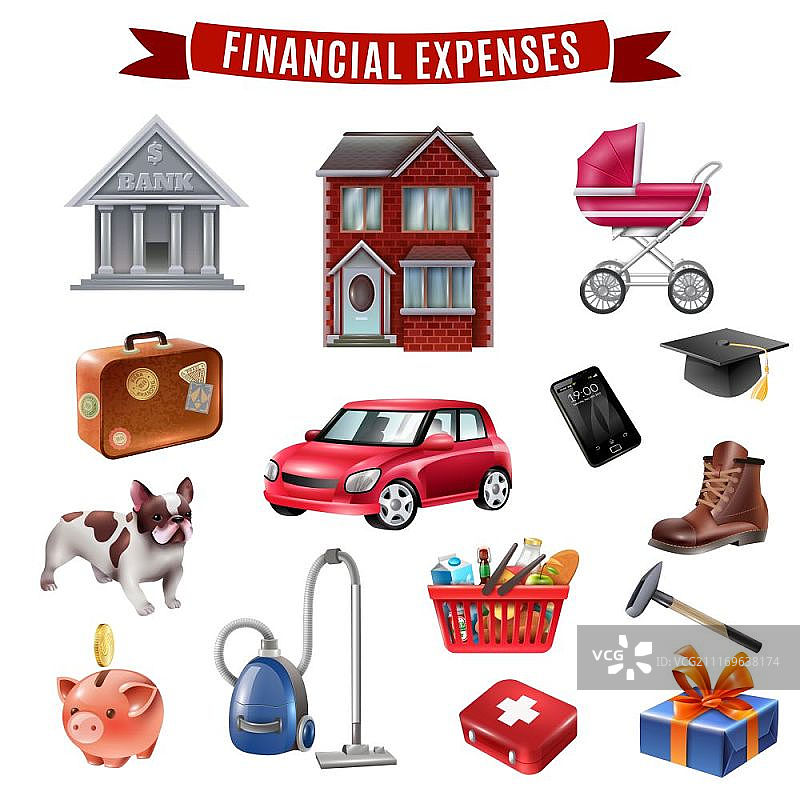 家庭支出扁平图标集：包含住房、交通、食品、服装和教育的家庭平均支出扁平图标合集矢量图图片素材