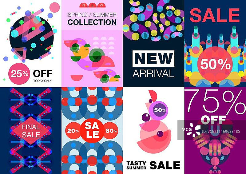 抽象艺术海报集：具有抽象艺术构图和可编辑文本的八个创意背景的几何形状海报banner集矢量图图片素材