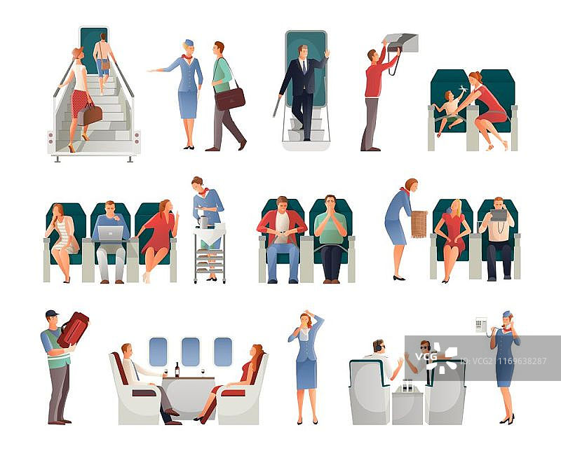 飞机上的人物：包括飞行员、空乘和乘客的矢量插画图片素材