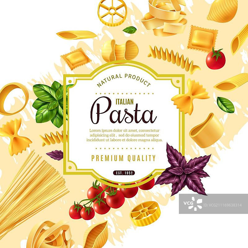 意面装饰画框，米色背景上的意式传统番茄罗勒叶美食3D矢量图图片素材